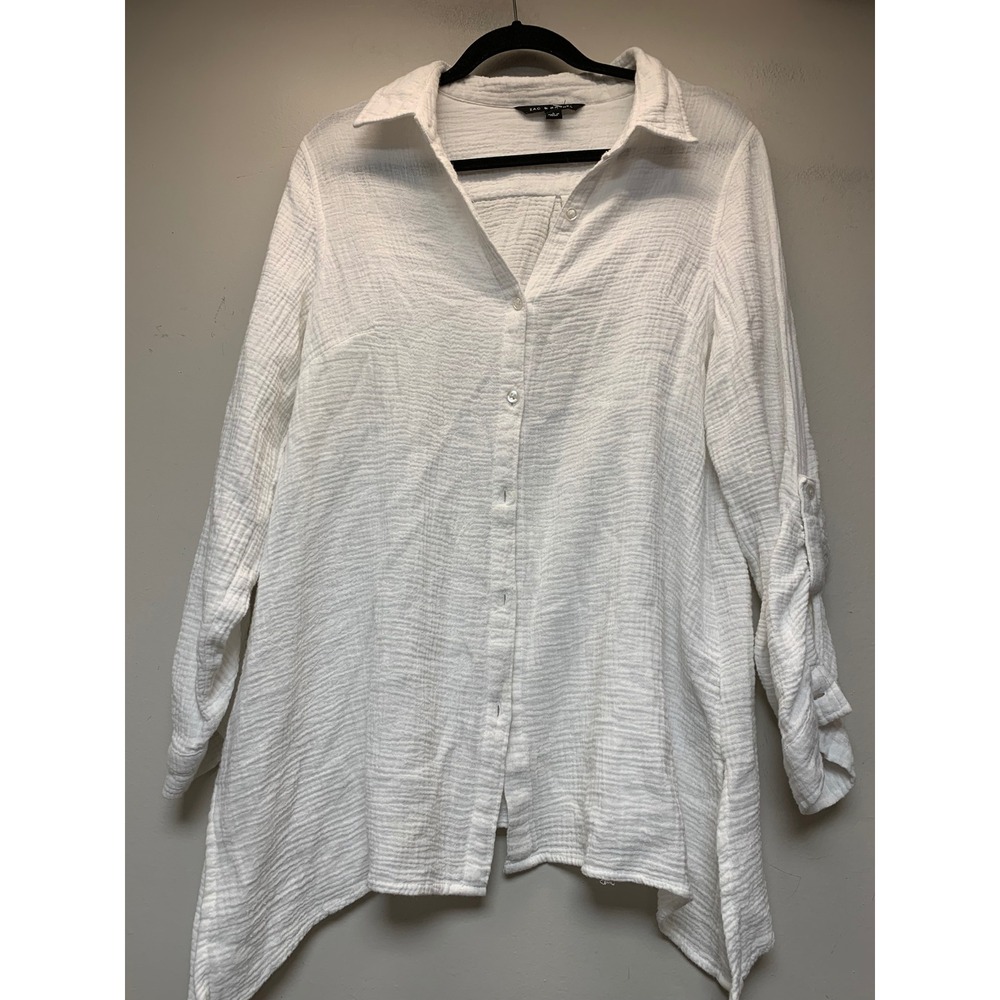 Zac & Rachel Button‎ Down Tunic Womens Large White Excellent Cotton Gauze Shirt